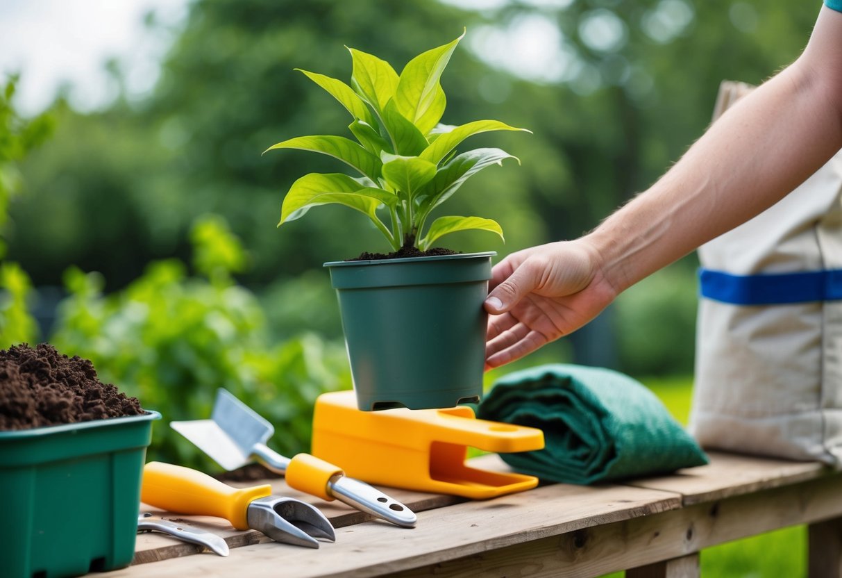 A hand reaching down to lift a potted plant onto a raised platform, surrounded by gardening tools and soil bags