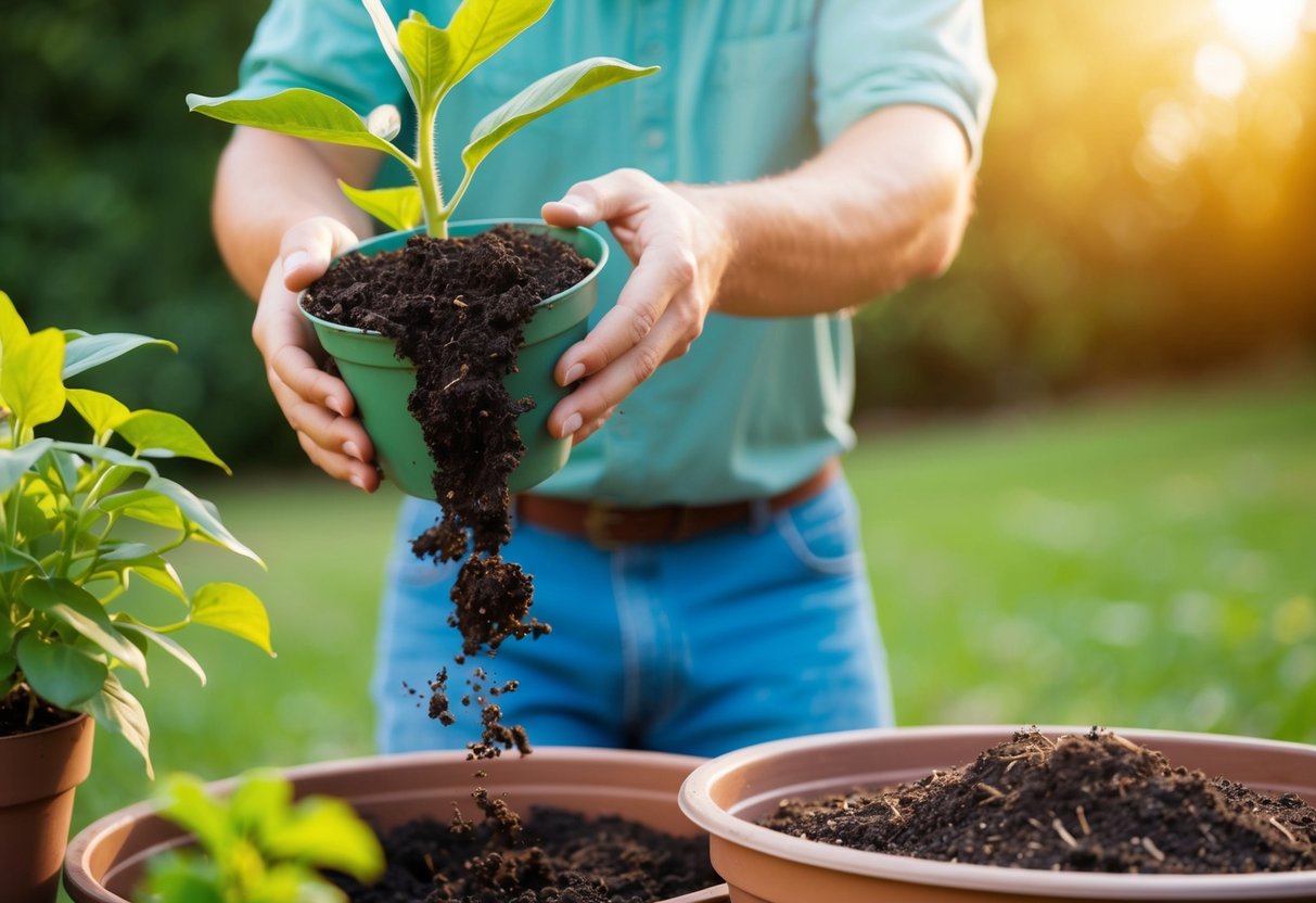 A gardener holding a potted plant, pouring out old soil and replacing it with fresh compost