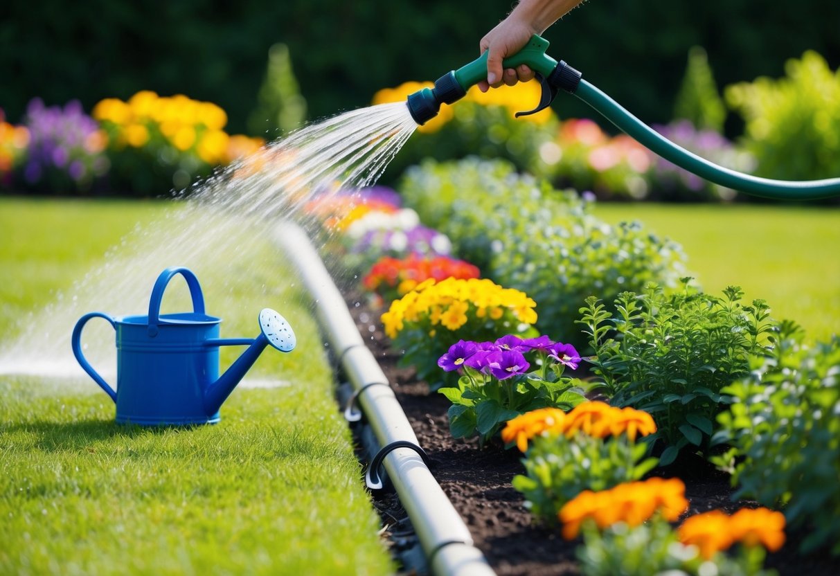 A garden hose spraying water onto a row of colorful bedding plants in a neatly organized garden bed. A watering can and a drip irrigation system are also visible nearby