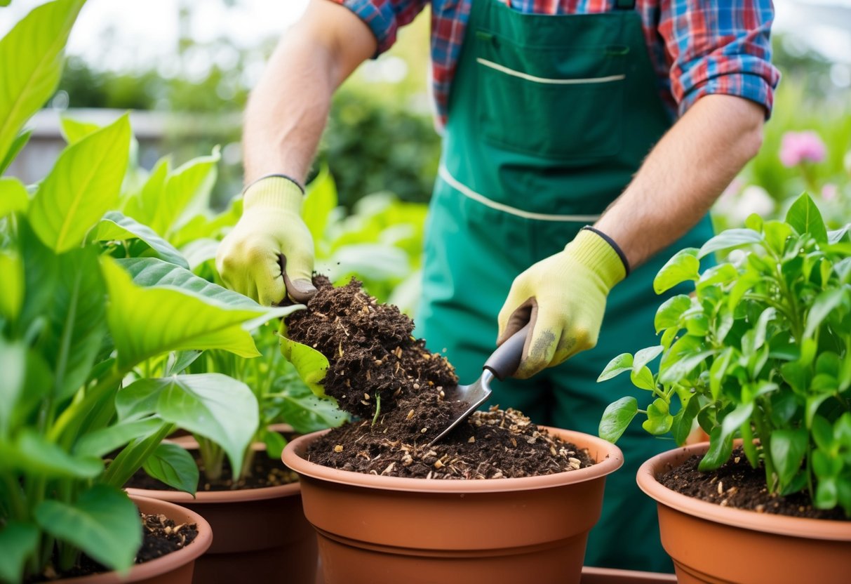 A gardener adding fresh compost to potted plants, mixing it in with a small shovel or trowel. The plants are thriving with vibrant green leaves