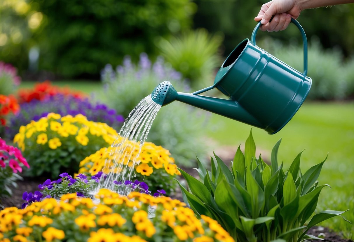 A watering can pouring water onto a group of colorful bedding plants in a garden