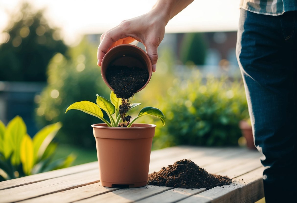 A hand holding a potted plant, pouring out old soil while ensuring proper aeration and drainage