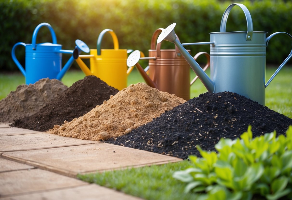 A variety of soil types (sandy, clay, loamy) with watering cans and bedding plants