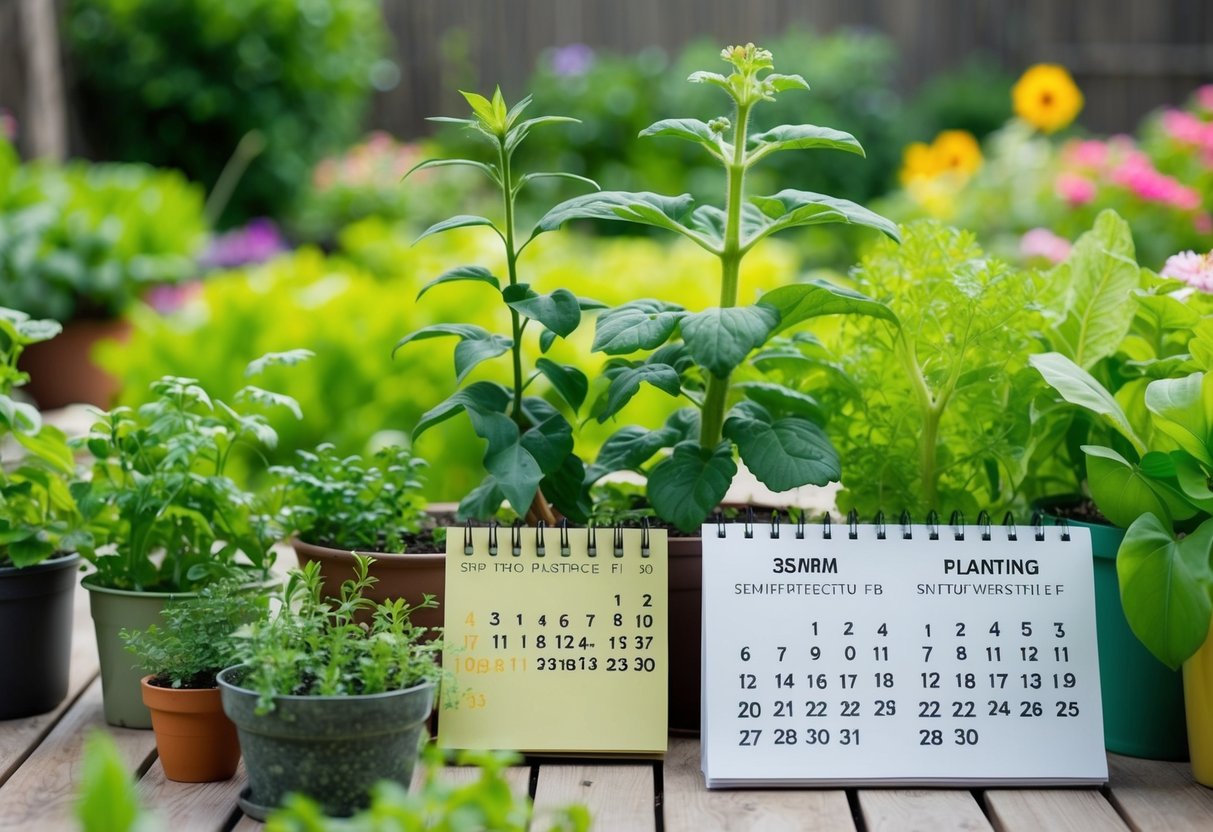 A garden with various plants in different stages of growth, with a calendar showing the current date and the latest date for planting