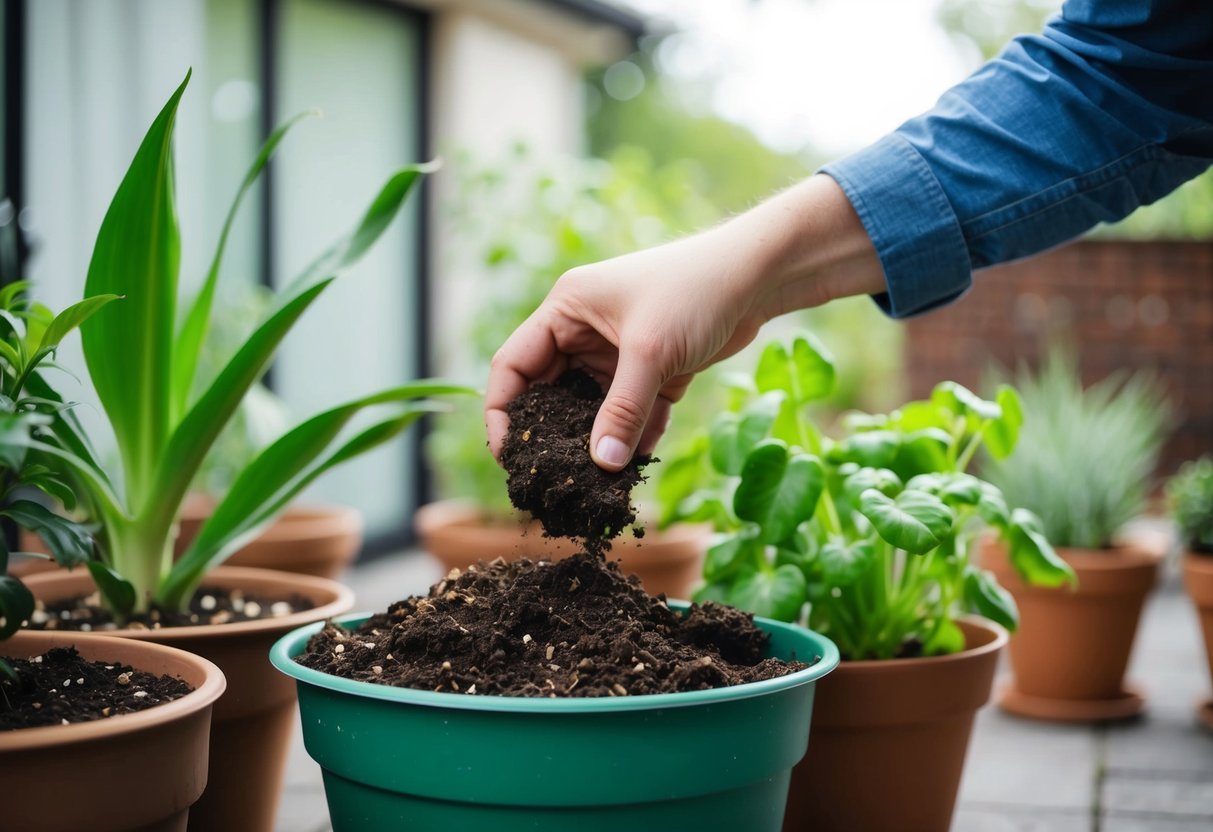 A hand reaching into a potted plant, removing old soil and replacing it with fresh compost. The plant sits on a patio surrounded by other potted plants