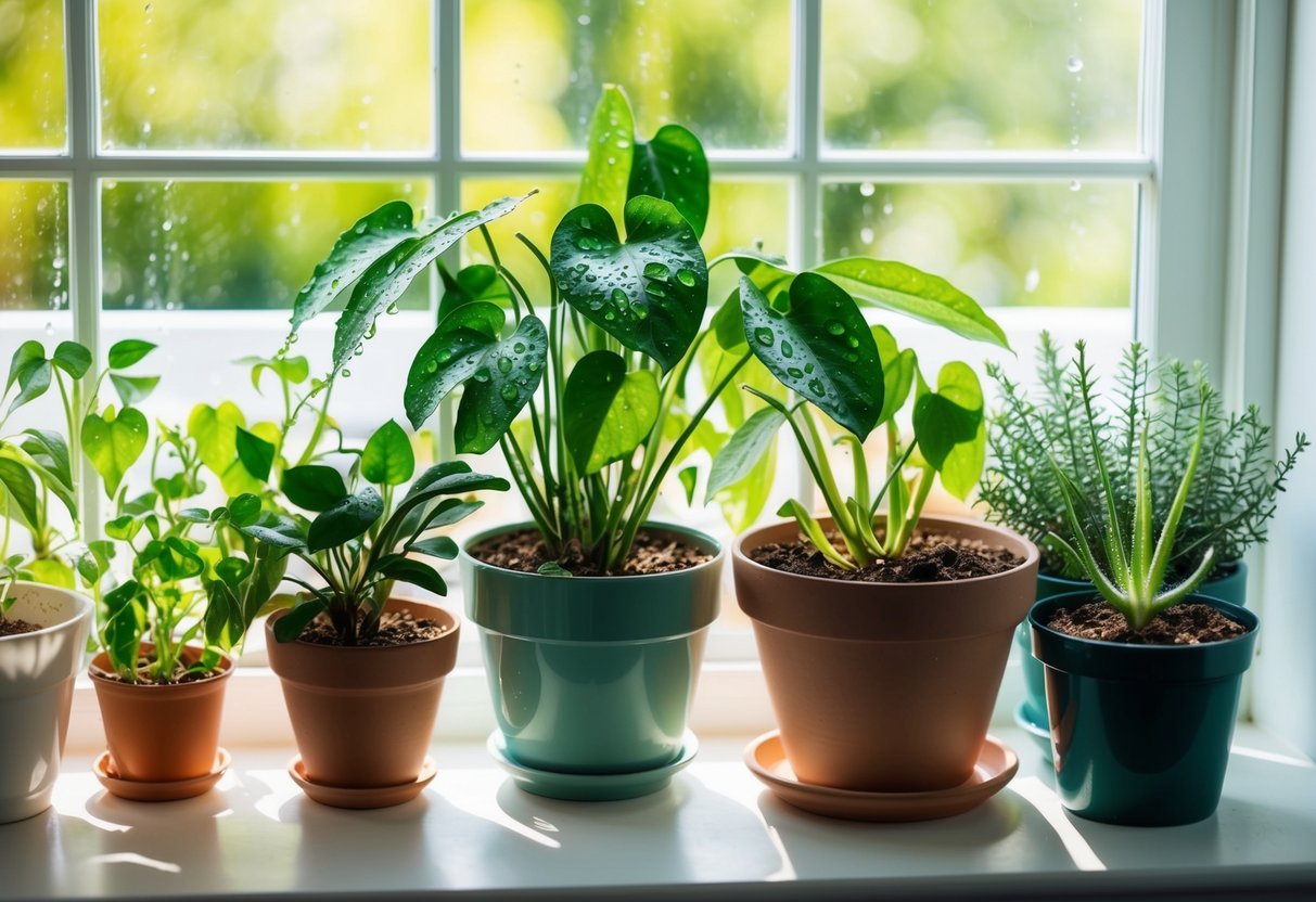 A variety of containers and houseplants arranged on a sunny windowsill, some with water droplets on the leaves, others with dry soil