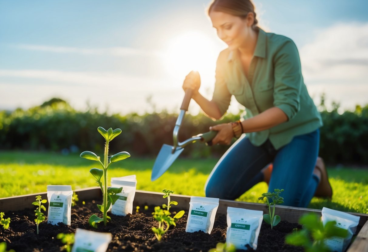 A figure kneeling in a garden bed, trowel in hand, surrounded by seed packets and small plants. The sun is low on the horizon, casting long shadows