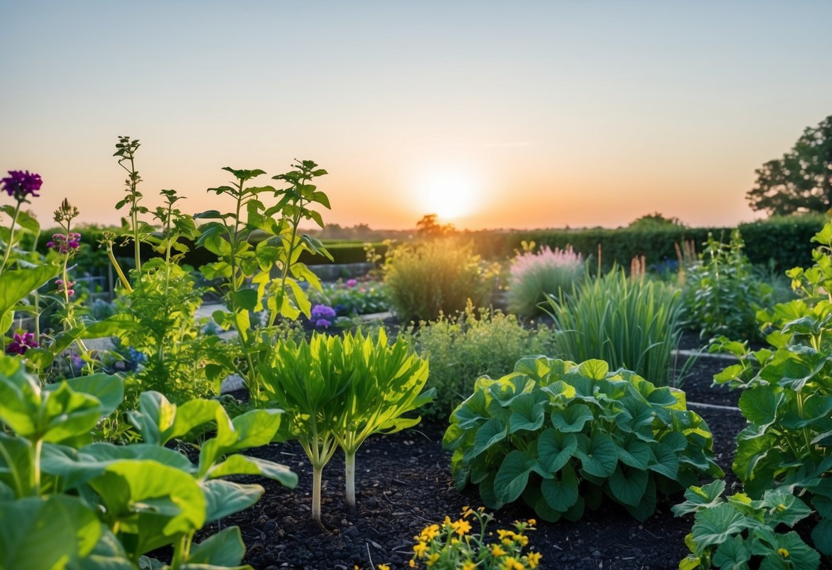 A garden with various plants in different stages of growth, some flourishing and others wilting, under a clear sky with the sun setting on the horizon