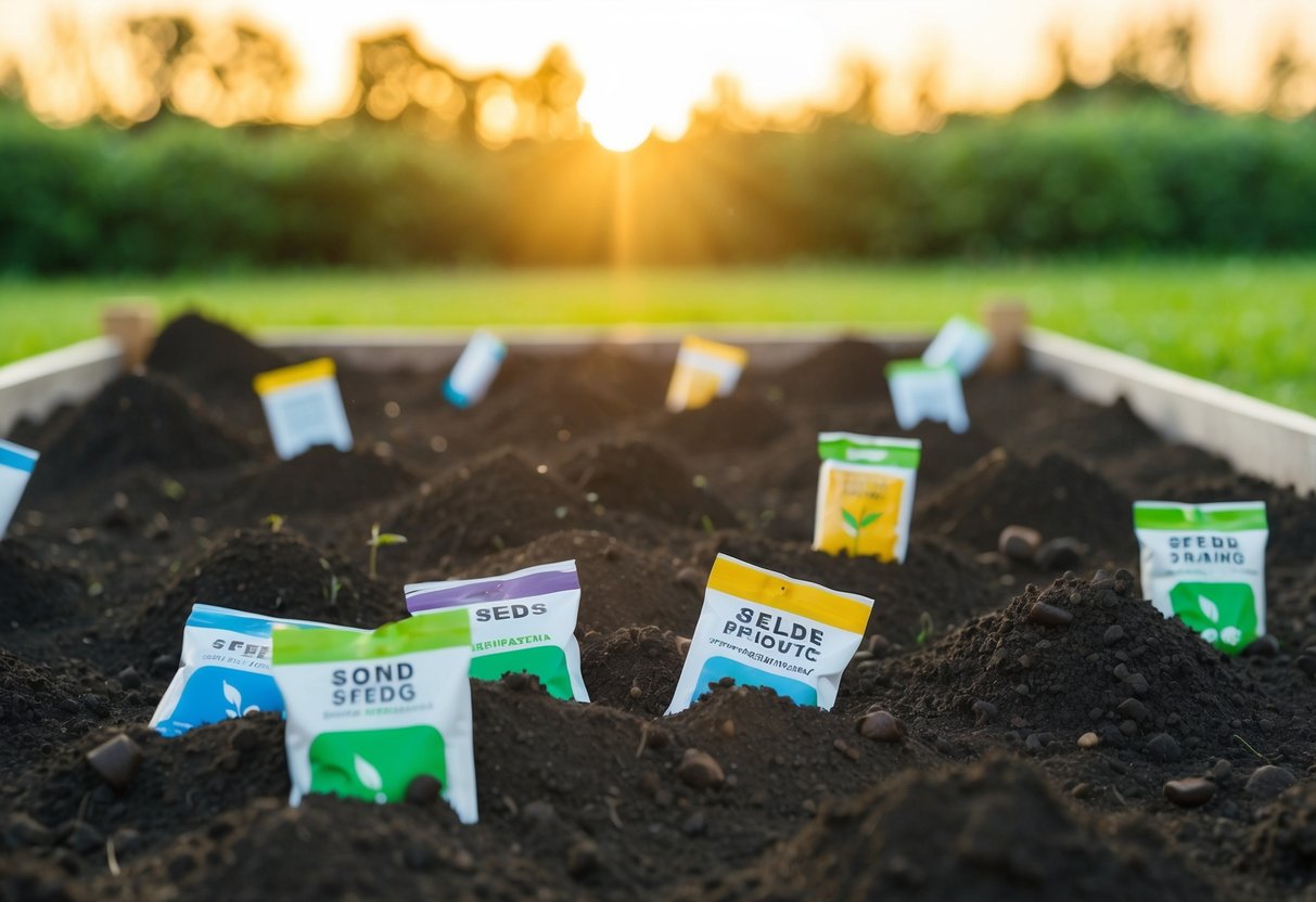 A garden bed with freshly tilled soil and various seed packets scattered around. The sun is setting in the background, casting a warm glow over the scene