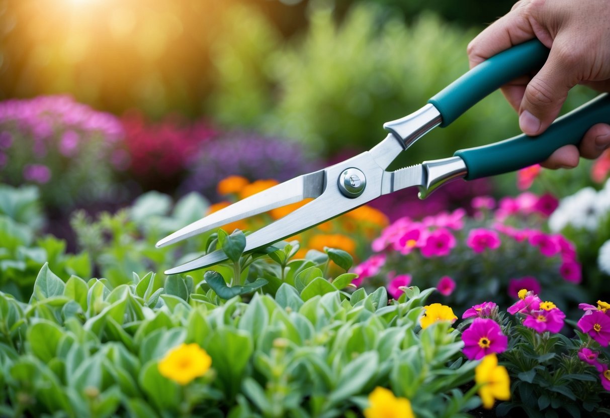 A pair of gardening shears hovers over a cluster of colorful bedding plants, ready to snip away at the overgrown foliage