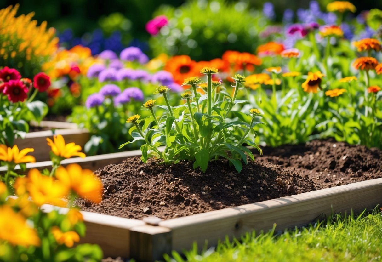 A sunny garden bed with rich, well-drained soil, surrounded by other colorful flowers