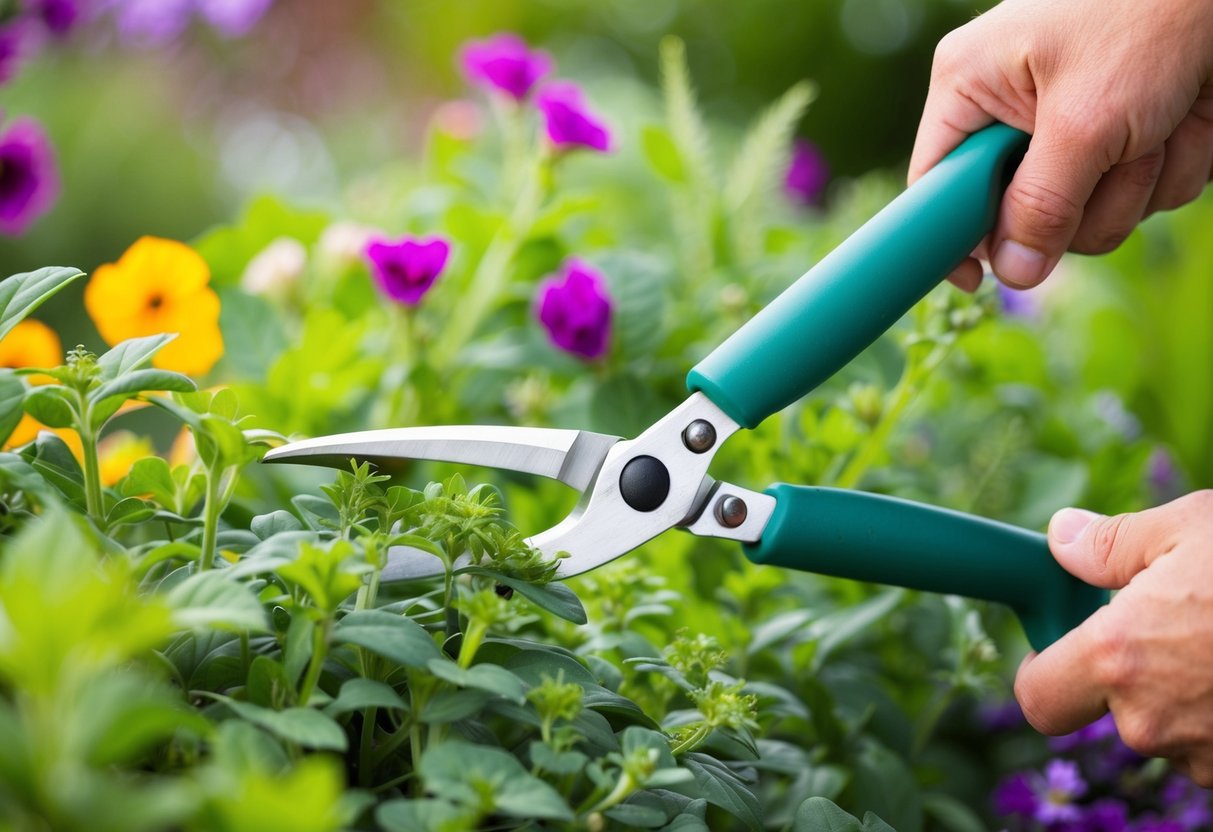 A pair of gardening shears snipping away at the overgrown foliage of a vibrant flower bed