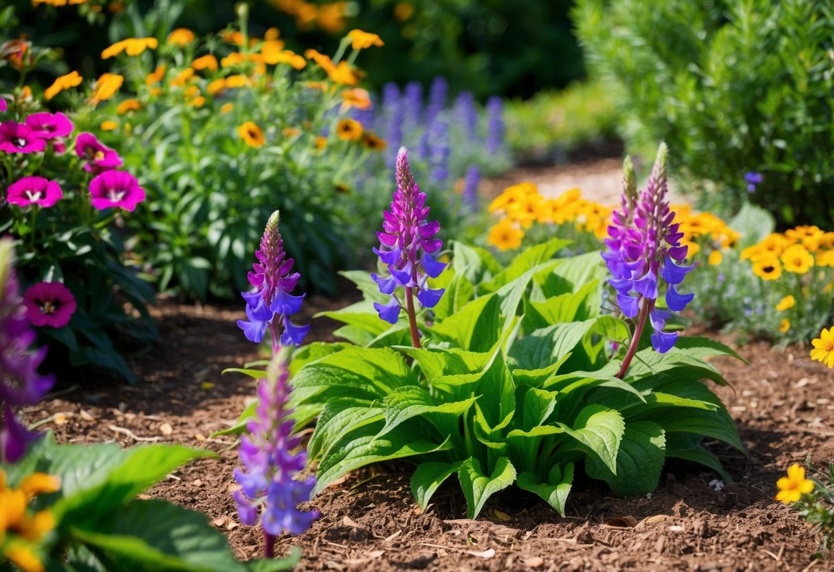 A sunny garden with rich, well-drained soil, surrounded by colorful flowers and green foliage, providing the perfect environment for lobelia to thrive