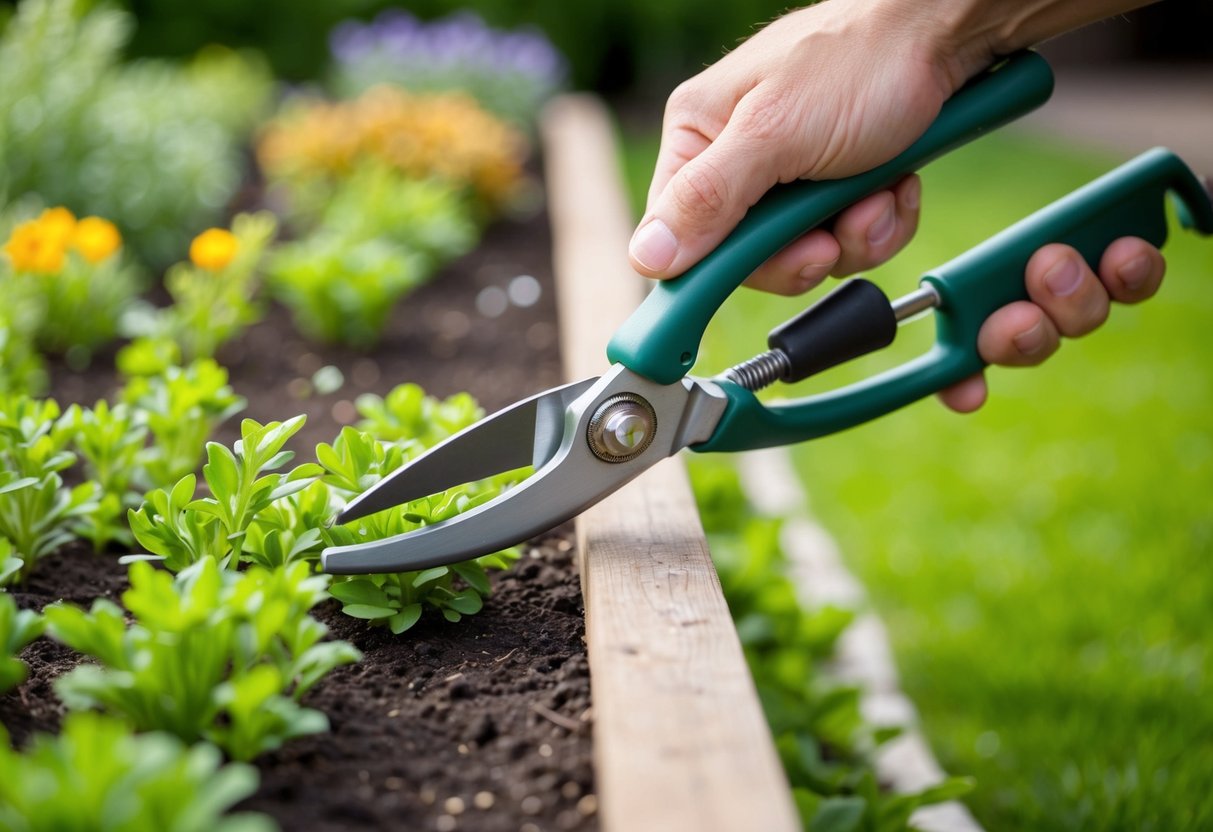 A pair of gardening shears snipping back overgrown bedding plants in a neatly manicured garden bed