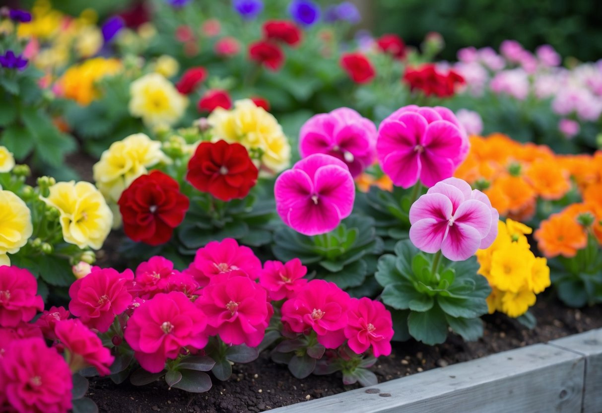 A colorful garden bed with begonias and geraniums growing together, their vibrant blooms creating a harmonious and visually appealing display