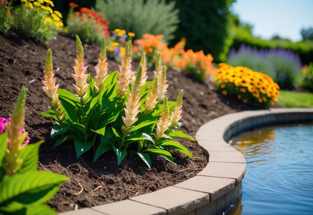 A sunny garden with rich, well-drained soil and a gentle slope, surrounded by other colorful flowers and with a nearby water source for optimal lobelia growth