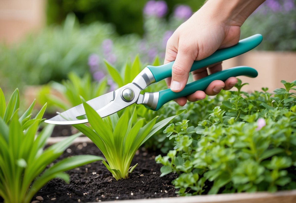 A pair of gardening shears snipping back overgrown bedding plants in a garden bed