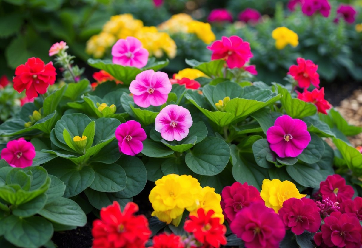 Vibrant begonias and geraniums intertwine in a colorful garden bed, their lush green leaves and bright blooms creating a striking contrast