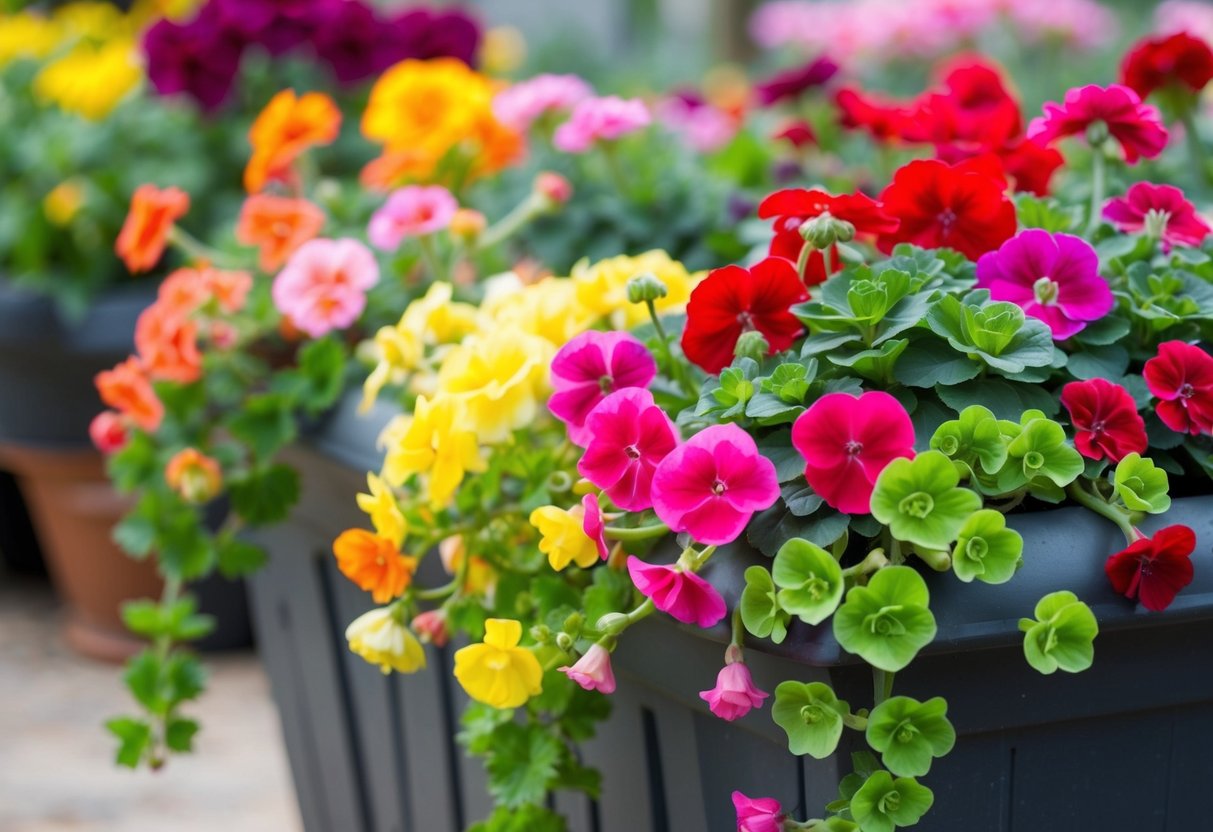 A colorful mix of begonias and geraniums cascading over the edges of a garden bed or container, creating a vibrant and lush display of flowers