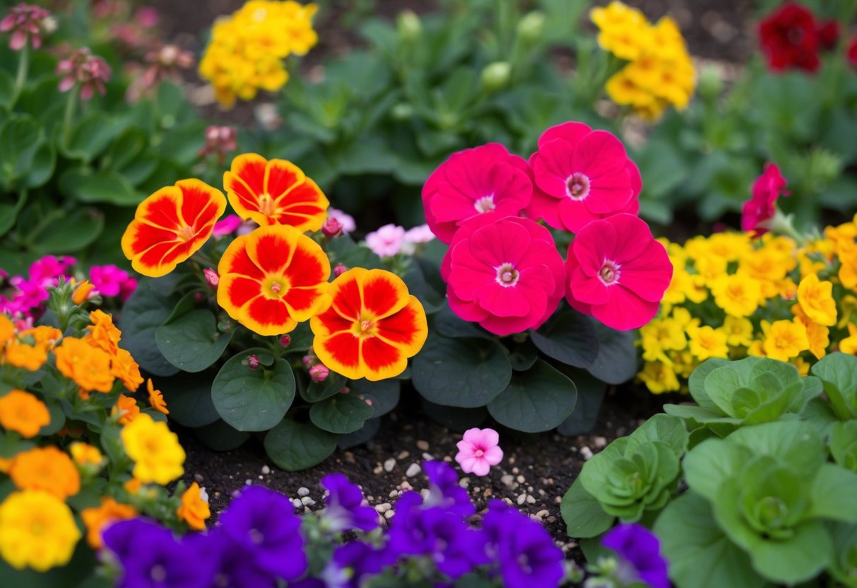 Begonias and geraniums grow together in a colorful garden bed, surrounded by other compatible companion plants like marigolds and petunias