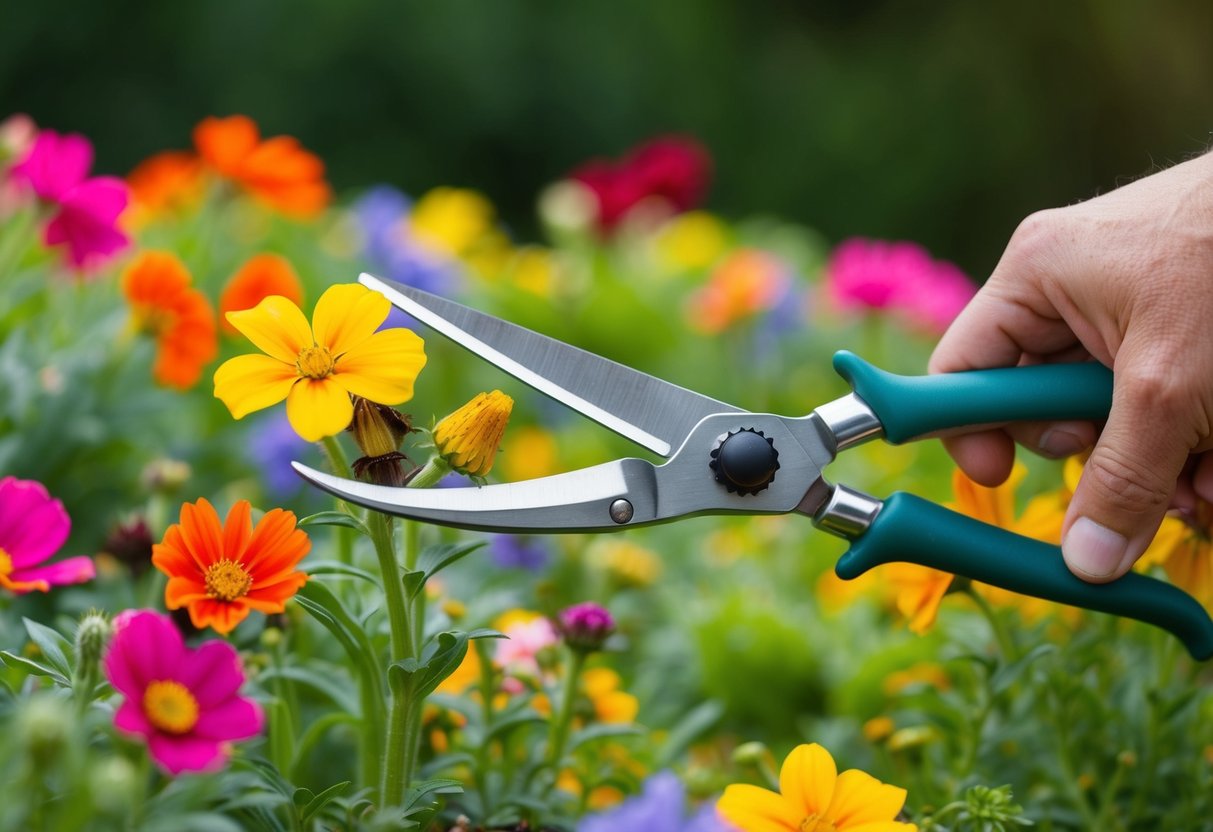 A pair of gardening shears snipping off spent flowers from a colorful bed of plants