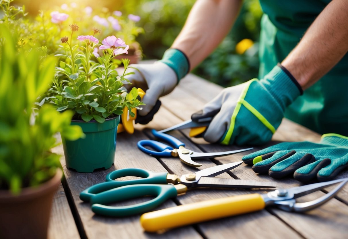 A gardener selects the appropriate tools for deadheading bedding plants, including scissors, shears, and gloves, laid out on a wooden table