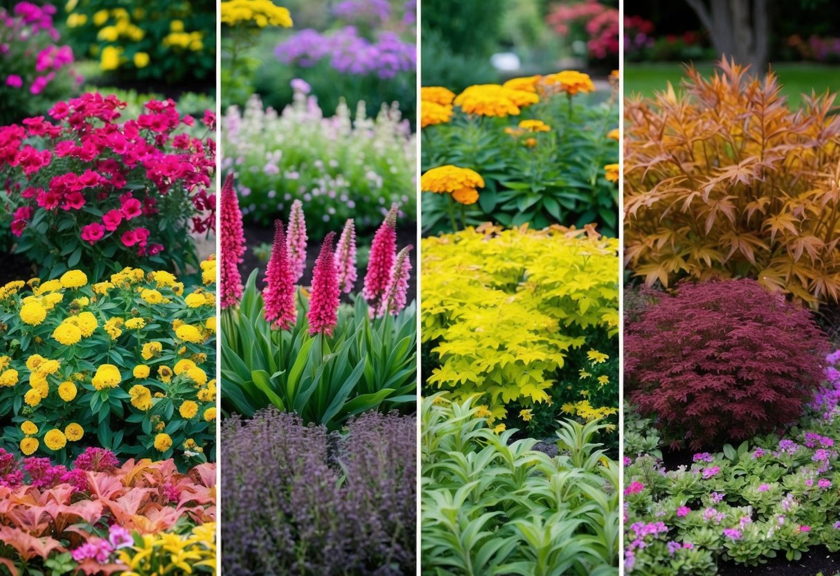 A garden with a variety of perennials blooming in different seasons, from vibrant spring flowers to rich autumn foliage, creating a continuous display of color throughout the year