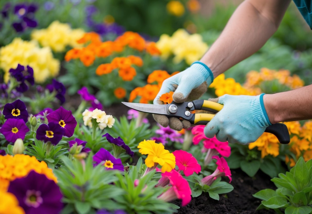 A gardener carefully removes spent flowers from a colorful bed of petunias, marigolds, and impatiens, using small pruning shears