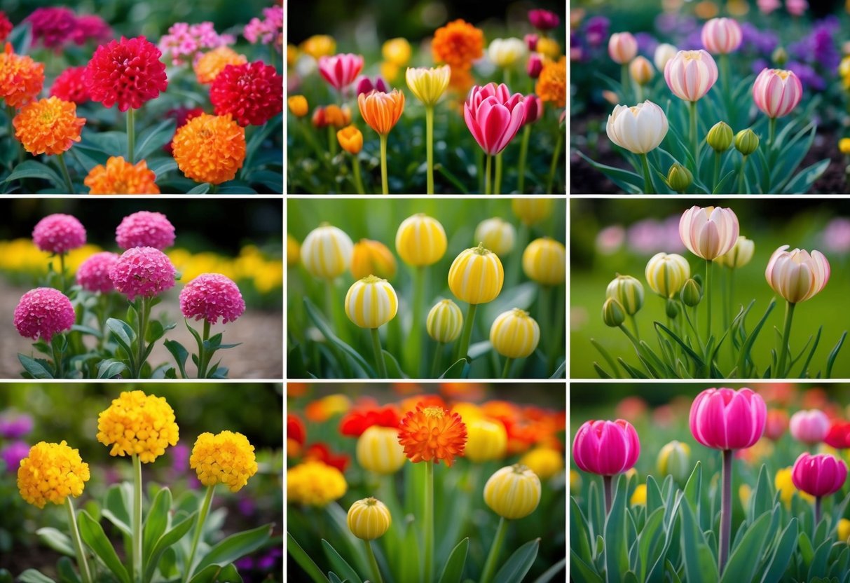 A garden with blooming annual and bulb plants in various colors, representing different seasons throughout the year