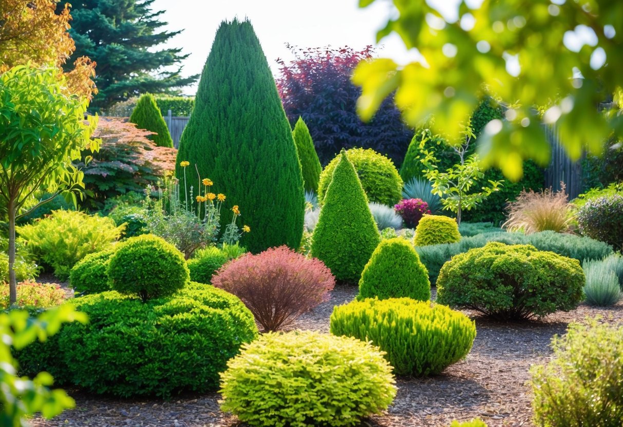 A garden with a variety of shrubs and trees in different shapes, sizes, and colors, creating a vibrant and lively scene throughout all seasons