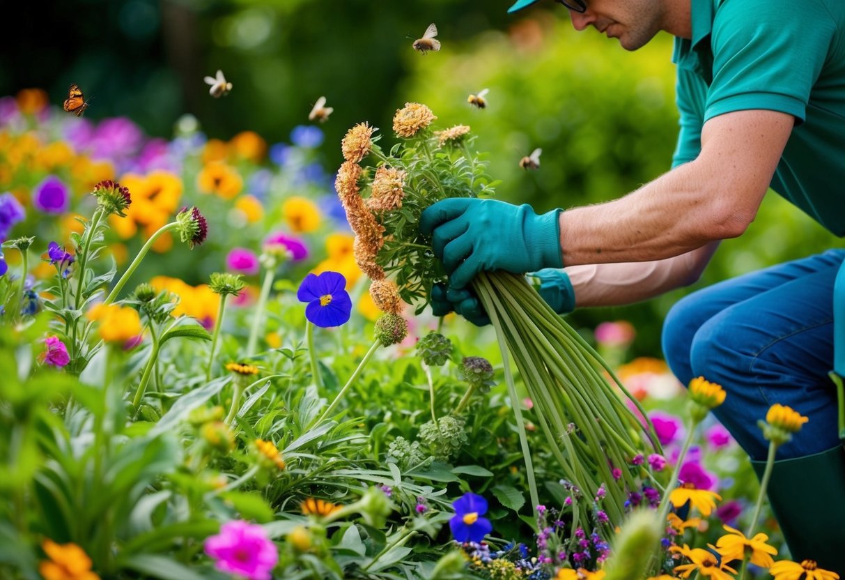 A gardener removes spent flowers from a colorful bed of plants, carefully collecting the deadheads to prevent seeds from spreading. The surrounding environment is lush and vibrant, with butterflies and bees flitting about