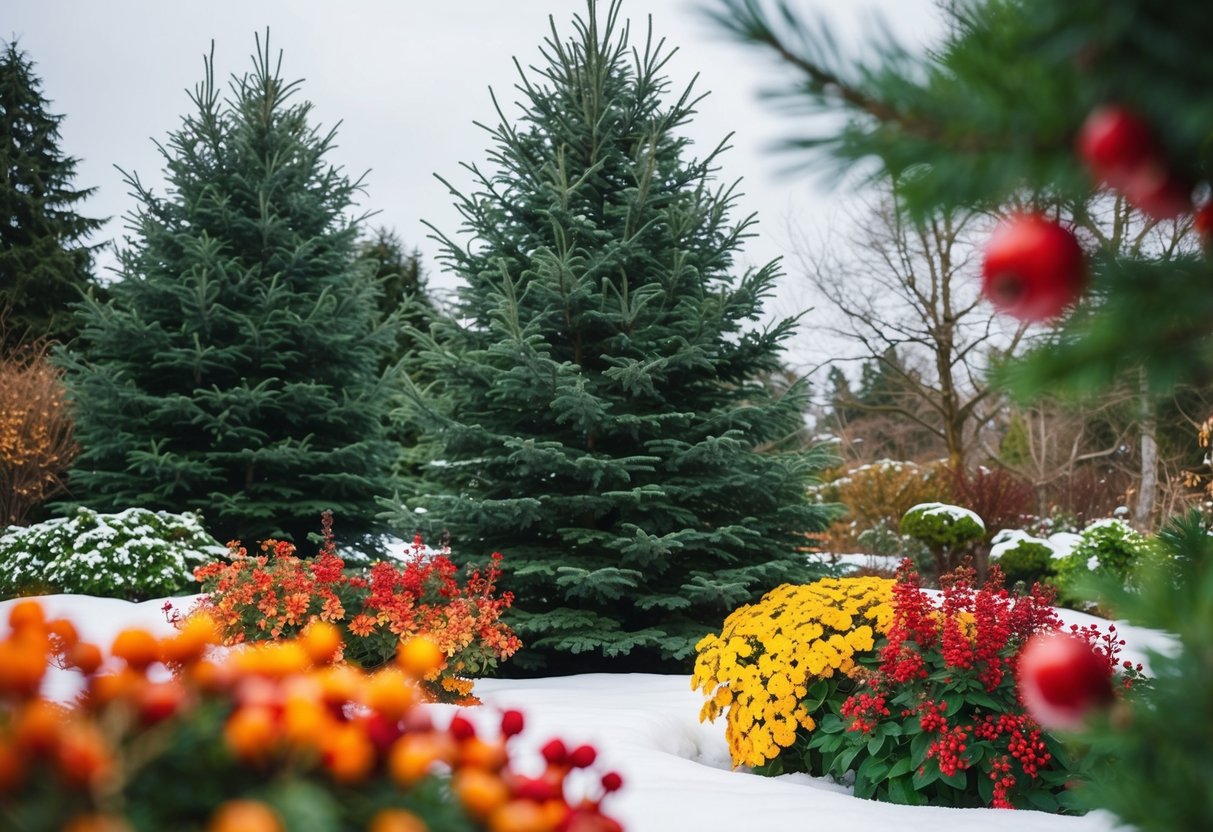 A winter garden with evergreen trees, colorful flowers, and vibrant berries