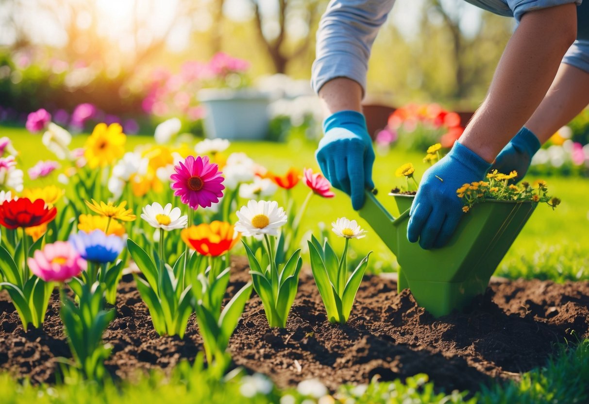 A sunny garden with a variety of colorful flowers being planted in the springtime