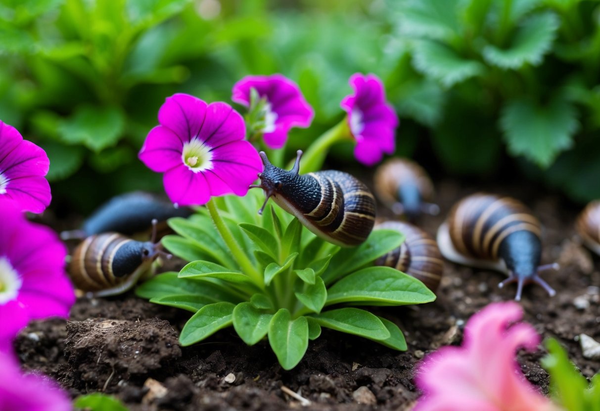 A group of slugs devouring a vibrant petunia plant in a garden bed