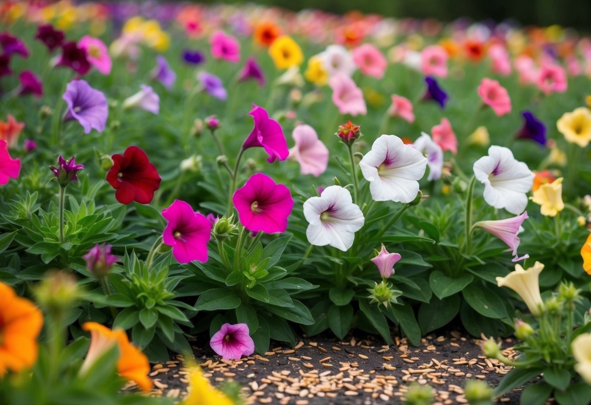 A colorful field of petunias in various stages of growth, from blooming flowers to withering seed pods, with some seeds scattered on the ground