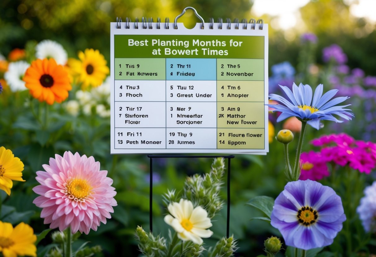 A garden with various popular flowers blooming at different times, with a calendar showing the best planting months for each type of flower