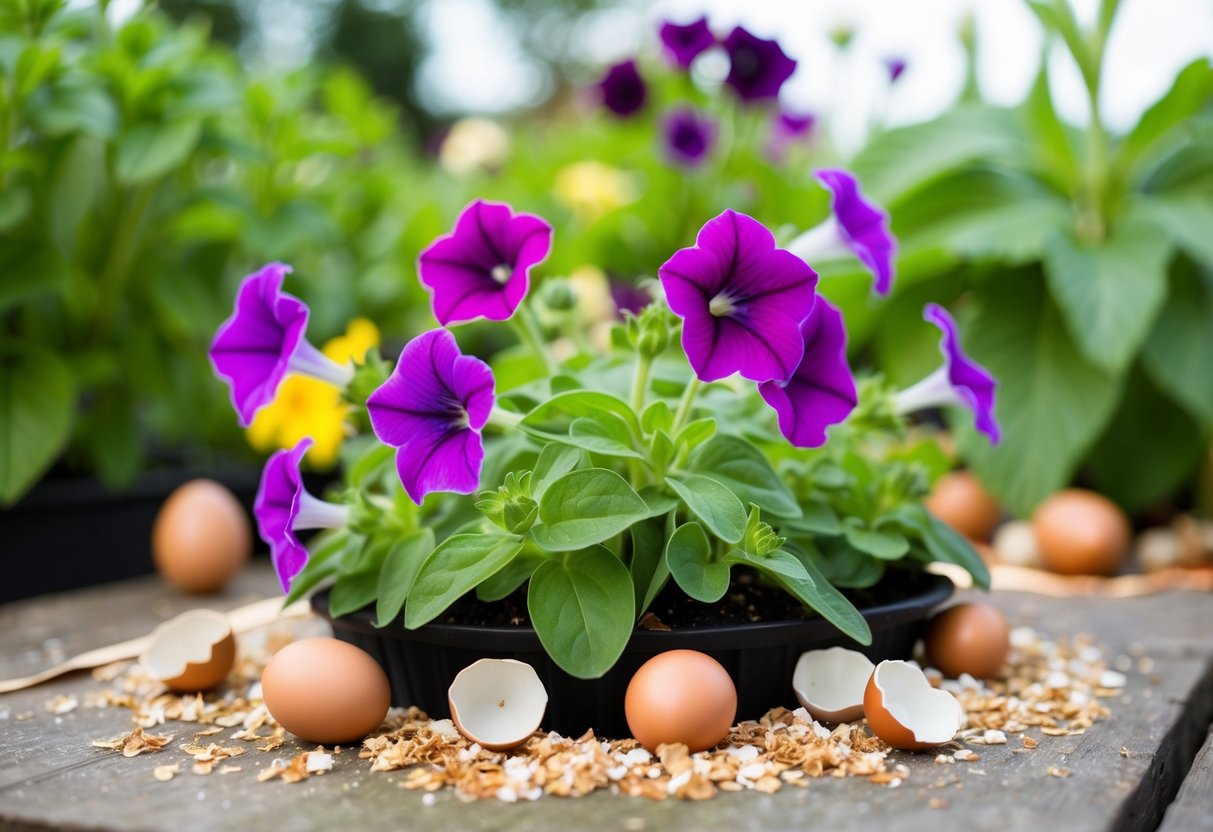 A garden scene with petunias surrounded by crushed eggshells and copper tape to deter slugs