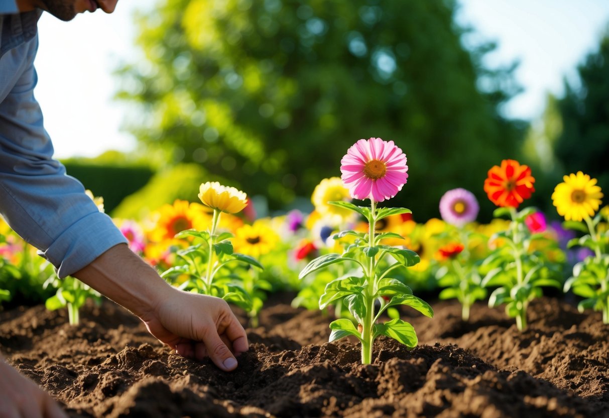 A sunny garden with colorful flowers being planted in rich soil