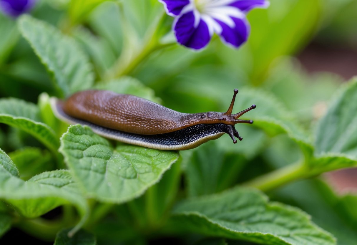 A slug crawling on a petunia plant, munching on the leaves