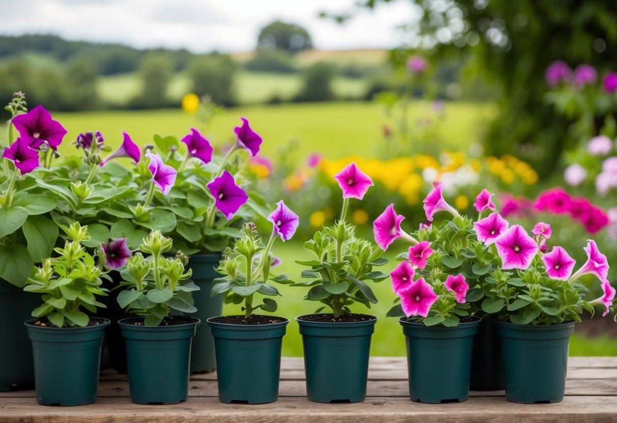 A garden scene with petunia plants in various stages of growth, from seeds to blooming flowers, set against a backdrop of the UK countryside