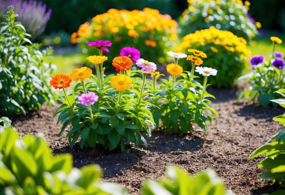 A sunny garden with colorful flowers in full bloom, surrounded by lush green plants and well-maintained soil