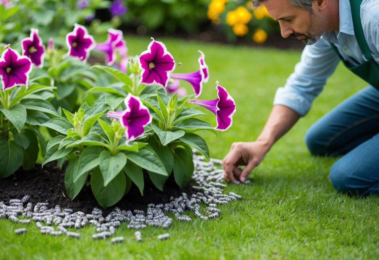 A garden with petunias surrounded by scattered slug pellets and a gardener inspecting the leaves for signs of slug damage