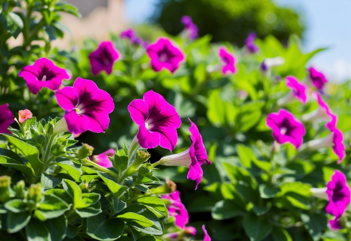 Vibrant petunia flowers blooming in a well-tended garden, surrounded by healthy green foliage and receiving ample sunlight