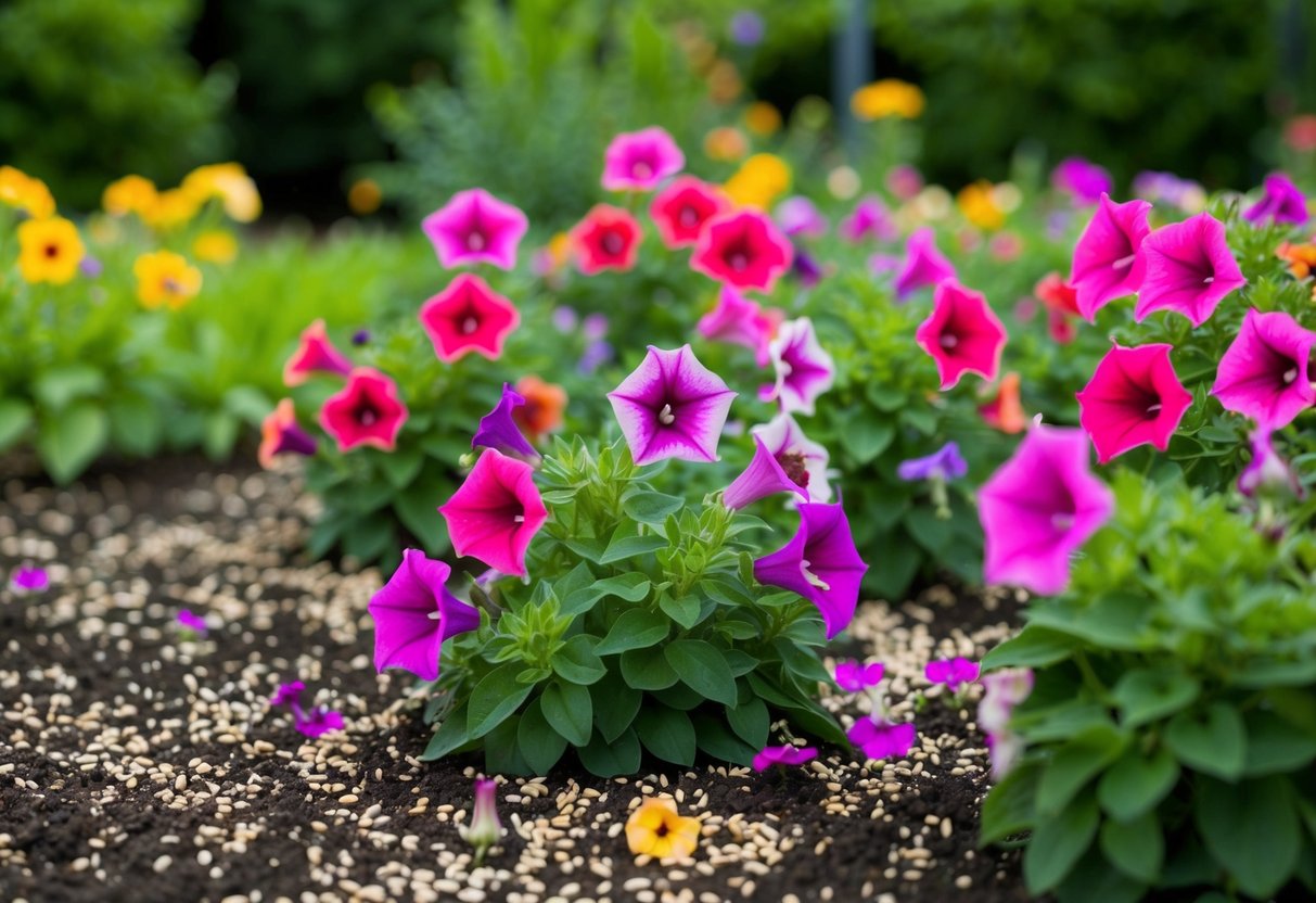 A garden filled with vibrant petunias, their colorful blooms scattering seeds across the soil