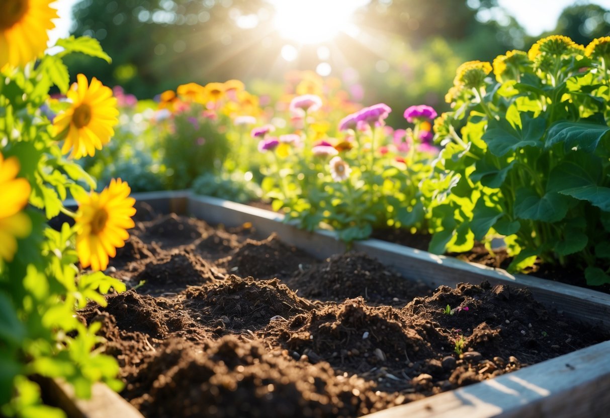 Bright sunlight shines on a well-drained garden bed with rich, moist soil, surrounded by other colorful flowers and green foliage