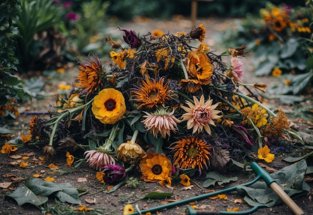 A wilting, tangled mess of exotic flowers in various stages of decay, surrounded by wilted leaves and a few scattered gardening tools