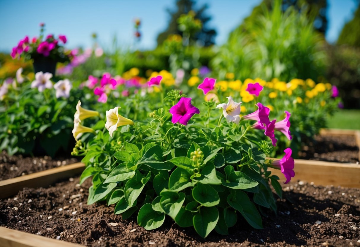 A sunny garden with rich, well-draining soil, and plenty of space for petunias to receive ample sunlight and air circulation