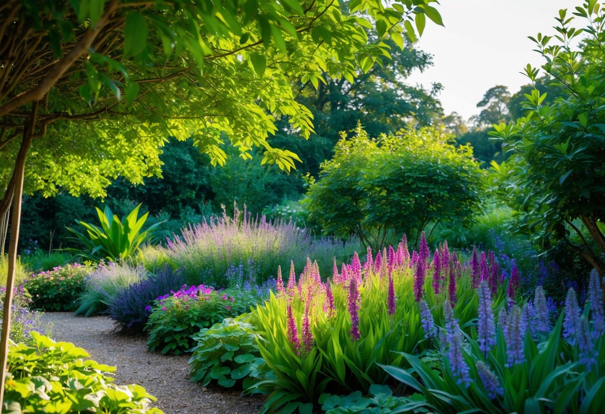 A lush, shaded garden with vibrant, long-blooming perennials thriving under the dappled sunlight filtering through the tree canopy