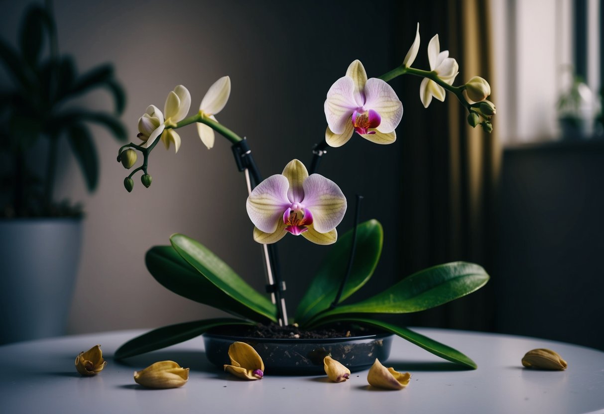 A delicate orchid wilting in a dimly lit room, surrounded by drooping leaves and withered petals, in need of tender care