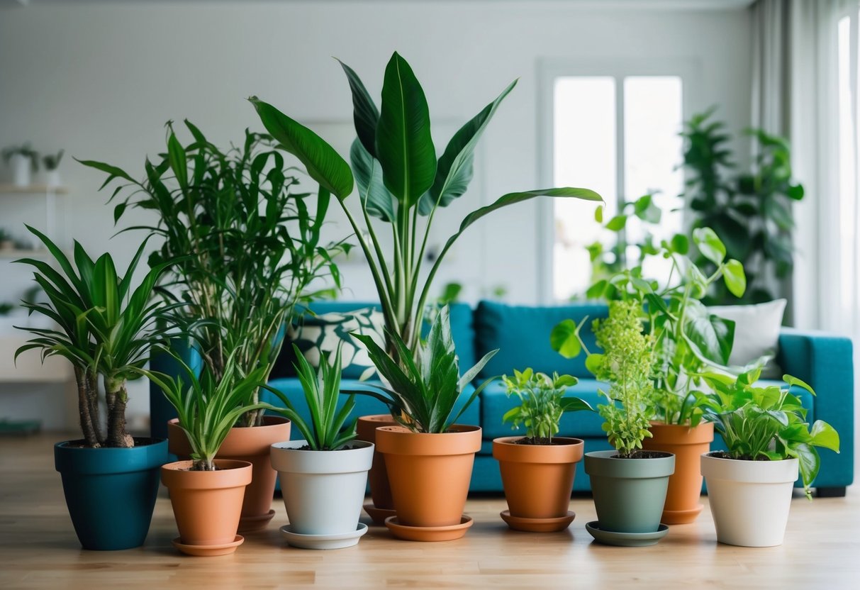 A variety of indoor plants in different pots, some thriving and others wilting, set against a backdrop of a well-lit and well-ventilated living room